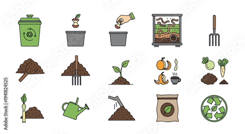 Composting and Gardening Process Icons Set: Organic Waste Soil Plants and Tools.
