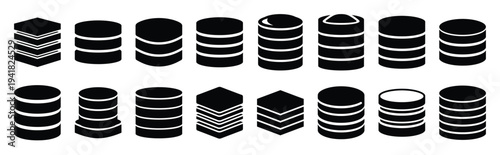 database stack technology web icon set in silhouette style.