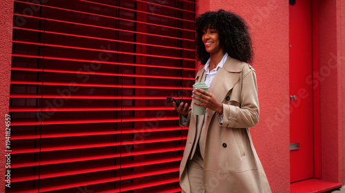 Cheerful black woman walking outdoors on a vibrant red street, holding a reusable coffee cup and smartphone, reflecting smart casual style and urban lifestyle