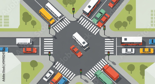 Aerial View of a Busy City Intersection with Vehicles.