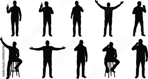 Collection of male silhouette poses with bottle and phone, standing and sitting gestures isolated vector set for lifestyle, communication, celebration concepts