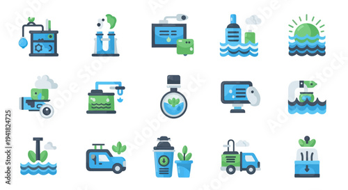 Collection of Colorful Flat Icons Representing Environmental Concepts and Processes.