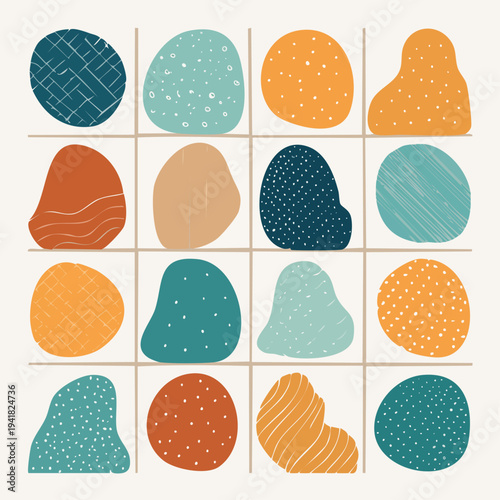 Colorful abstract shapes in grid pattern.