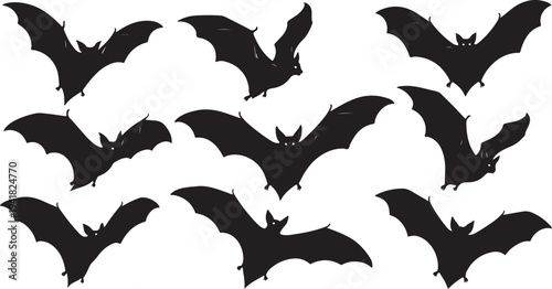 Black bat silhouettes flying on white background illustration set