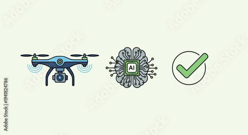 Drone AI Brain Chip and Checkmark Icons for Technology and Success.