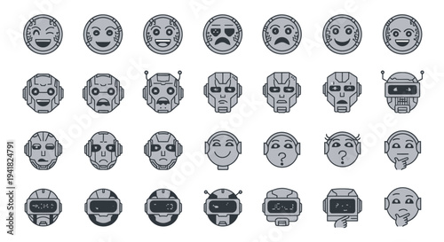 A diverse set of monochrome robot head icons and cyborg face emoticons with various expressions.