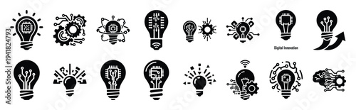 digital innovation technology web icon set in silhouette style.