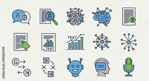 A collection of colorful line art icons representing technology AI and data analysis concepts.