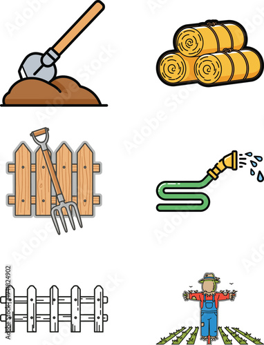 Set of vector icons featuring construction tools, musical instruments, food, business symbols, and cartoon-style design elements in a simple illustrated icon collection