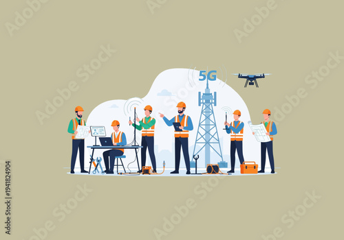 Vector Ilustration Flat Design Idea Engineers working on 5G network installation with drone technology.