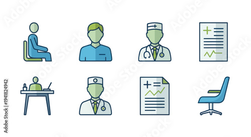 A colorful flat line art icon set for medical healthcare and hospital themes including a doctor and patient.