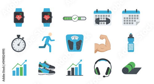 Flat Design Fitness and Health Icons Set with Workout Equipment and Digital Trackers.