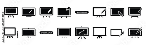 digital whiteboard technology web icon set in silhouette style.