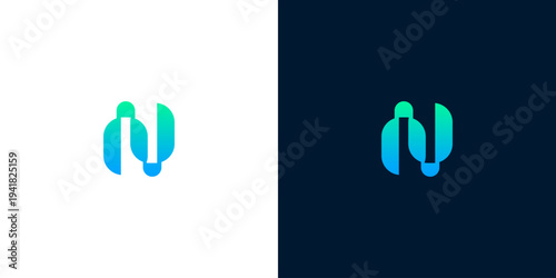 Abstract geometric gradient logo, innovative modern brand identity, clean business design with two connected shapes forming a unique symbol, perfect for tech or creative industries