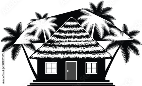 Tropical hut silhouette illustration with palm trees, stilted house vector design featuring thatched roof, serene resort architecture for vacation, travel, island, art
