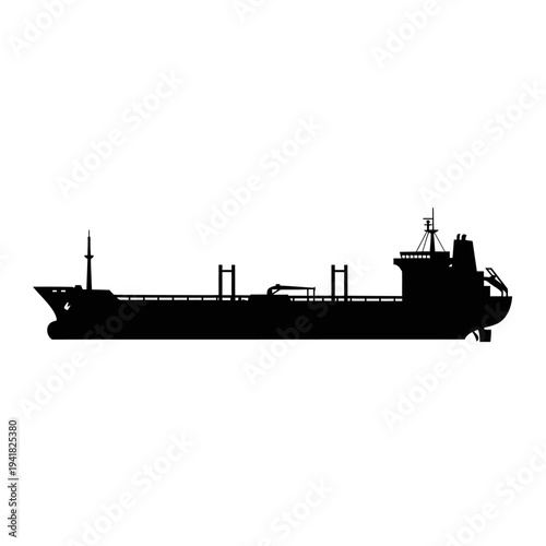 Silhouette of a large oil tanker ship at sea.