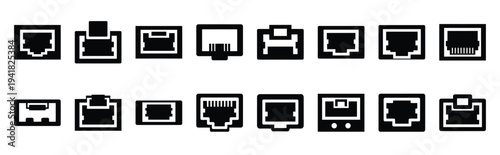ethernet port technology web icon set in silhouette style.
