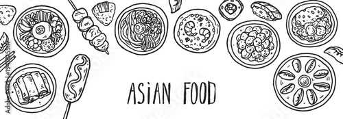 Hand drawn asian food sketch . Whimsical food and drink doodles set. Hand drawn vector illustration for menu, packaging design. Asian cuisine quirky icons, simple sketch style. Minimalist line art