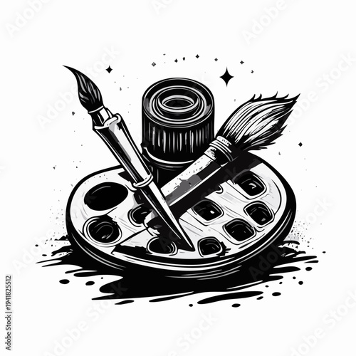 Paintbrushes and Palette with Ink.