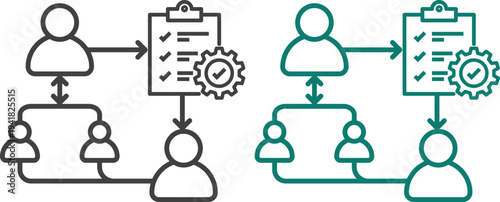 Business process management and workflow icons set featuring teamwork, strategy planning, leadership, project management and productivity concepts for corporate use.