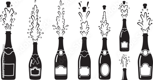 Black and white champagne bottles celebration illustrations set
