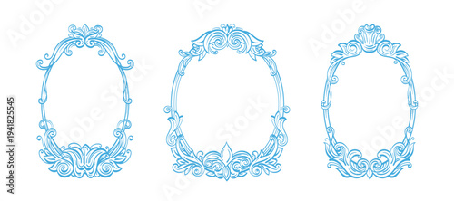 Elegant vintage frame with ornate baroque border and floral ornament detail. Hand drawn vector set perfect for wedding invitation, classic oval crest design, or decorative antique mirror