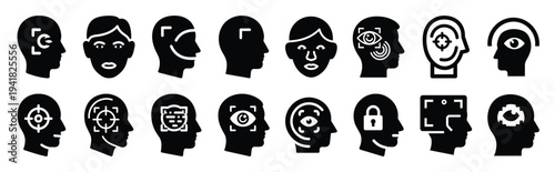 face recognition technology web icon set in silhouette style.