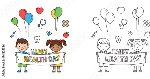 Happy Health Day for Kids: Cheerful Children Holding Banner with Medical Icons and Balloons