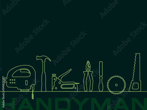 Professional handyman services on dark green background. Vector banner template with tools collection and text space.  Set of repair tools for your web site design, app, UI. EPS10.
