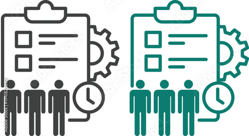 Business process management and workflow icons set featuring teamwork, strategy planning, leadership, project management and productivity concepts for corporate use.