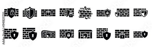 firewall security technology web icon set in silhouette style.