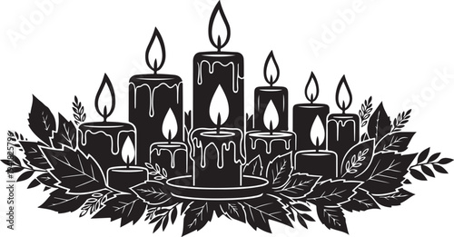 Black and white illustration of candles with leaves decoration