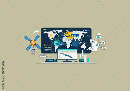 Vector Ilustration Flat Design Idea Global Technology and Data Analysis Visualization.