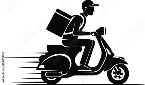 Motorcycle Rider Silhouette Drinking Coffee While Riding Delivery Bag Attached
