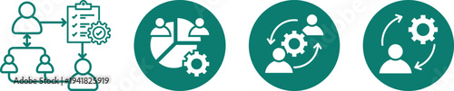 Business process management and workflow icons set featuring teamwork, strategy planning, leadership, project management and productivity concepts for corporate use.