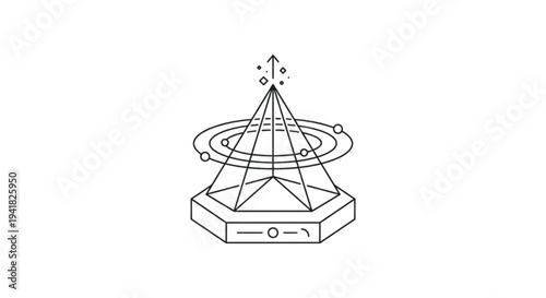 Futurist minimalist line art of a glass pyramid with orbital rings and data particles. Concept for advanced technology, holographic projection, and data structures.