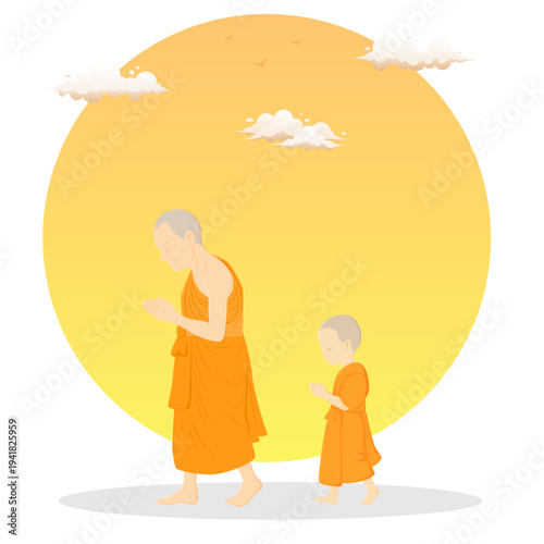 The monks and novices walked with composure border orange sky background