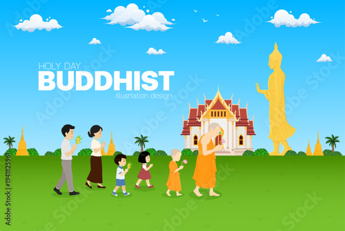 Monks, novices, and Buddhists are walking in a circumambulation ceremony amidst the natural surroundings of a Thai temple.