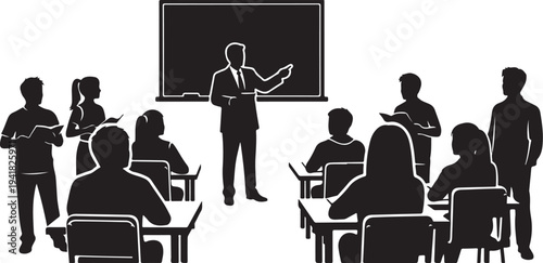 Silhouette of teacher and students in classroom setting education