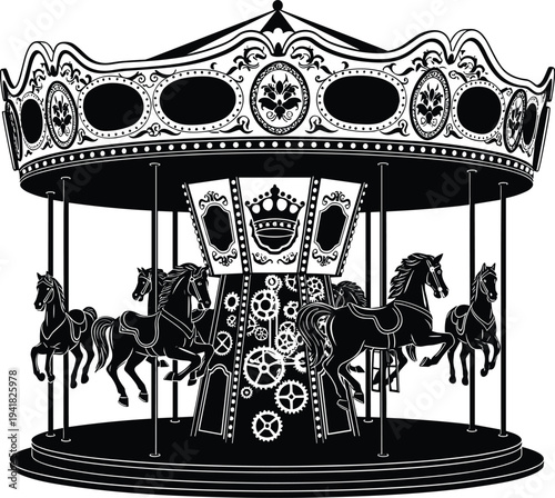Black silhouette carousel horses vector illustration, ornate canopy design, decorative amusement ride artwork, creative nostalgic composition, 