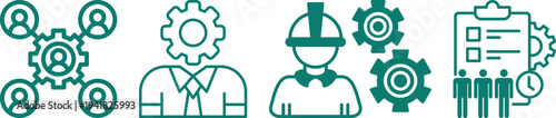 Business process management and workflow icons set featuring teamwork, strategy planning, leadership, project management and productivity concepts for corporate use.