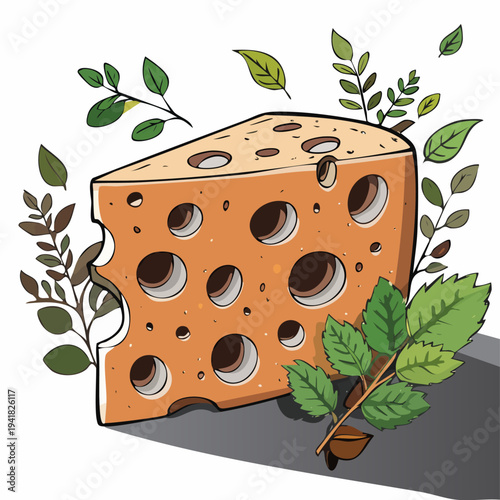 A wedge of cheese with holes.