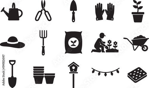 Gardening tools and equipment icons set
