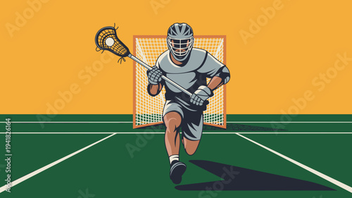 Lacrosse player running with stick and ball toward goal vector illustration