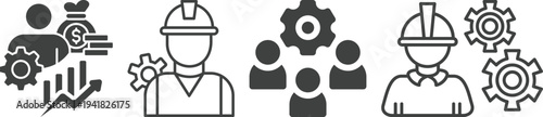 Business process management and workflow icons set featuring teamwork, strategy planning, leadership, project management and productivity concepts for corporate use.