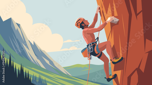 Rock climber scaling steep mountain cliff with safety rope and helmet in alpine landscape