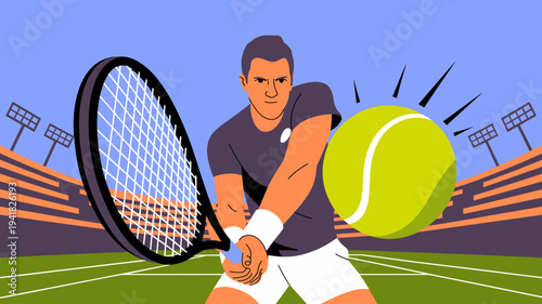 Tennis player hitting forehand shot during match on outdoor stadium court vector illustration