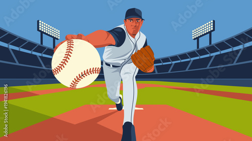 Baseball pitcher throwing fastball toward batter during professional game in stadium vector illustration