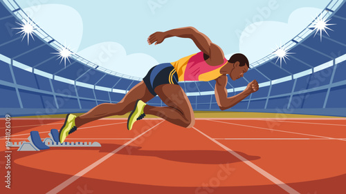 Track and field sprinter starting race from starting blocks on stadium running track vector illustration