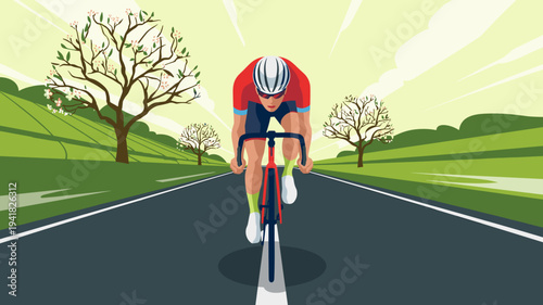 Road cyclist racing on countryside road during competitive cycling training vector illustration